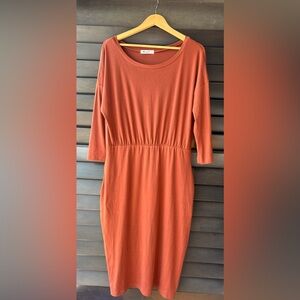Moyabo XL Burnt Orange Dress Soft Midi Length Hand Pockets Elastic Waist